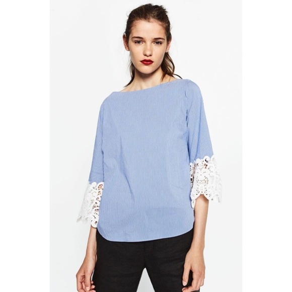 ZARA Pinstripe Crochet Lace Guipure Sleeve Blouse - Picture 1 of 10